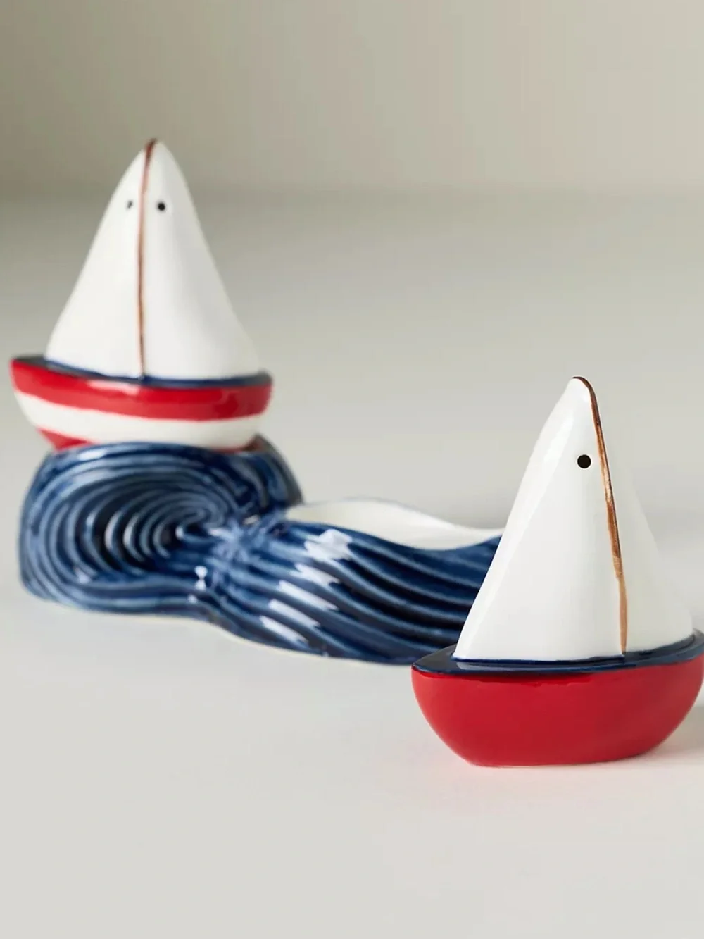Anthropologie Maritime Stoneware Salt & Pepper Shakers Red White Blue Waves